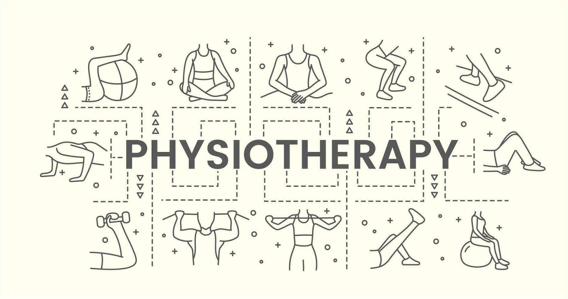 web banier fysiotherapie met illustraties van massage en divers fysiek opdrachten Aan de fitbal, met halters, vector lineair grafiek.
