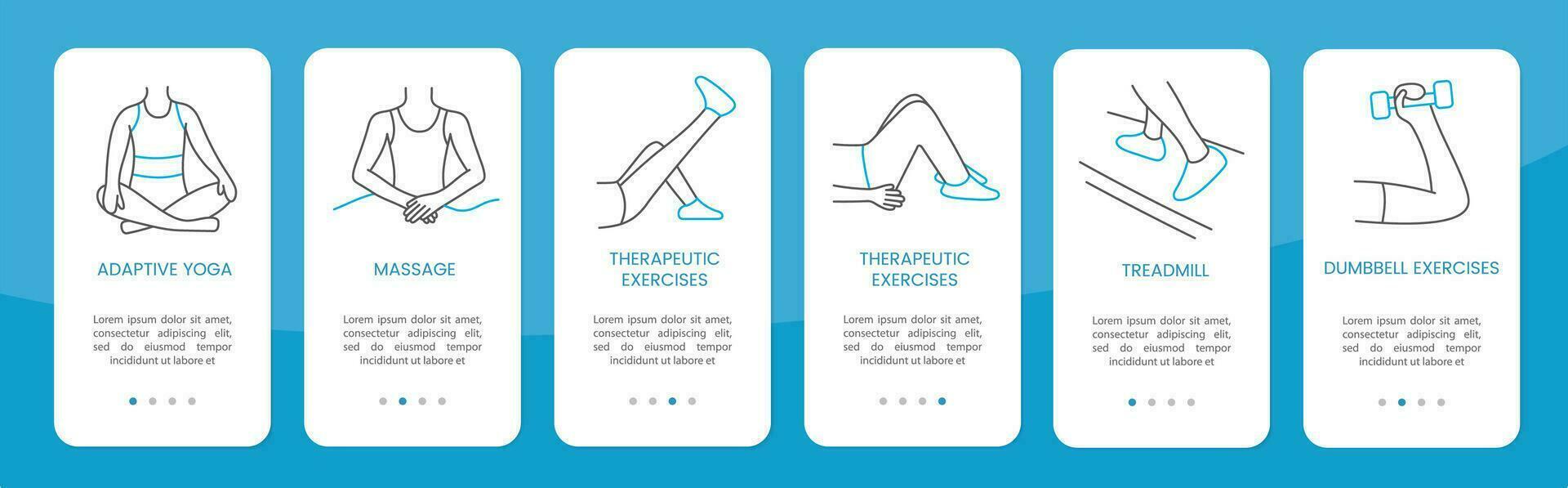 ontwerp voor de toepassing met fysiotherapie in vector. aangepaste yoga en massage, fysiek opdrachten Aan de loopband vector