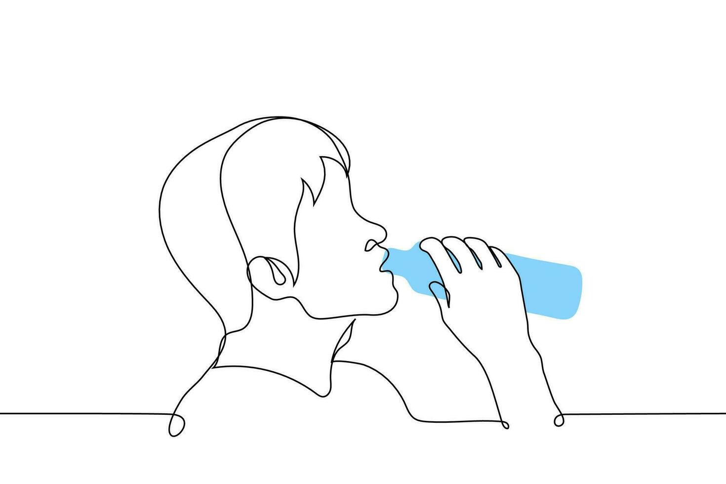 Mens drinken water van een fles - een lijn tekening vector. concept mannetje profiel portret van een dorst quencher drinker van een plastic fles vector