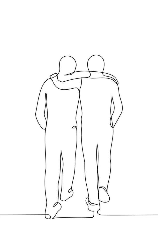 twee vrienden wandelen knuffelen hun schouders - een lijn tekening vector. concept van gaan weg of wandelen samen met het beste vriend, het beste vrienden samen vector