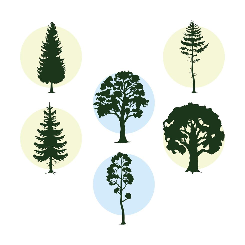 bundel van zes bomen planten bos silhouetten pictogrammen vector