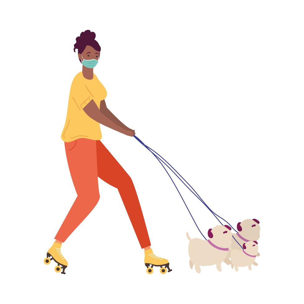 afrovrouw met medisch masker in schaatsen met buitenactiviteiten voor honden vector