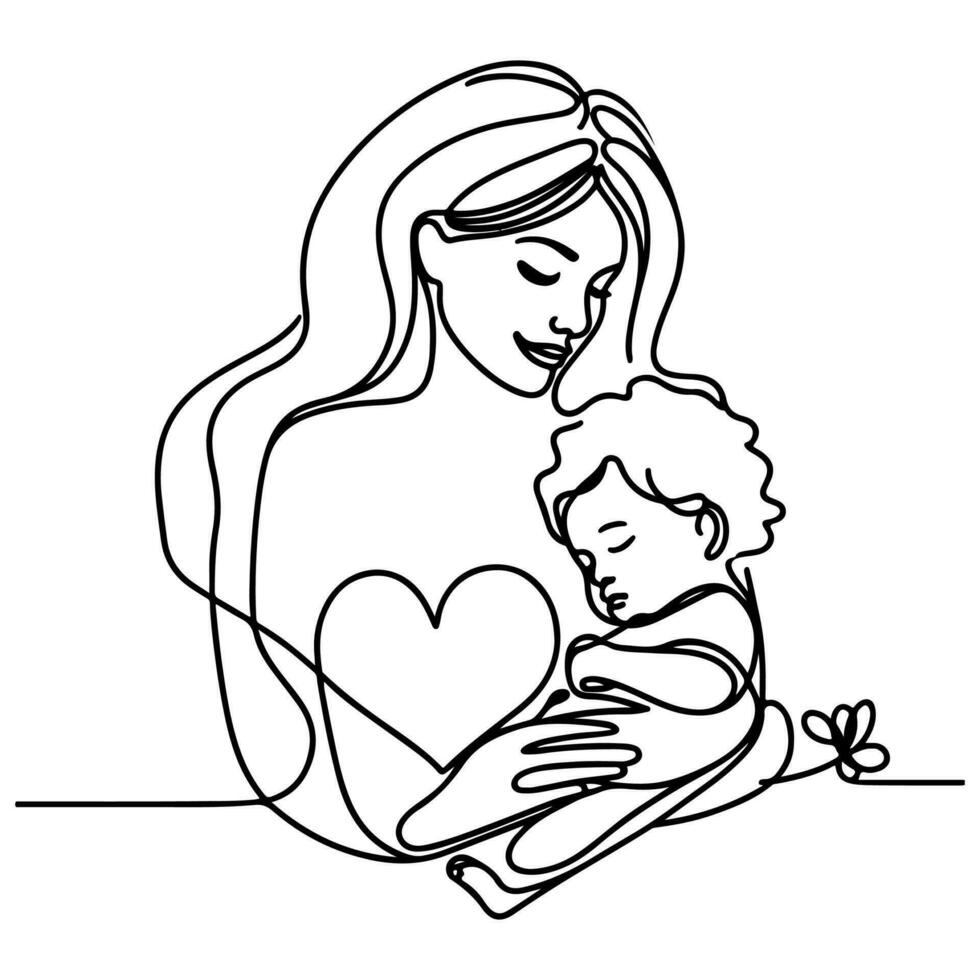 Internationale vrouwen dag kaart, vrouw Holding haar kind in hart met doorlopend een zwart schets lijn tekening gelukkig moeders dag banier tekening stijl vector illustratie