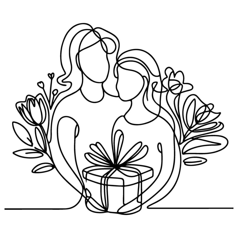 Internationale vrouwen dag kaart, vrouw Holding haar kind in hart met doorlopend een zwart schets lijn tekening gelukkig moeders dag banier tekening stijl vector illustratie