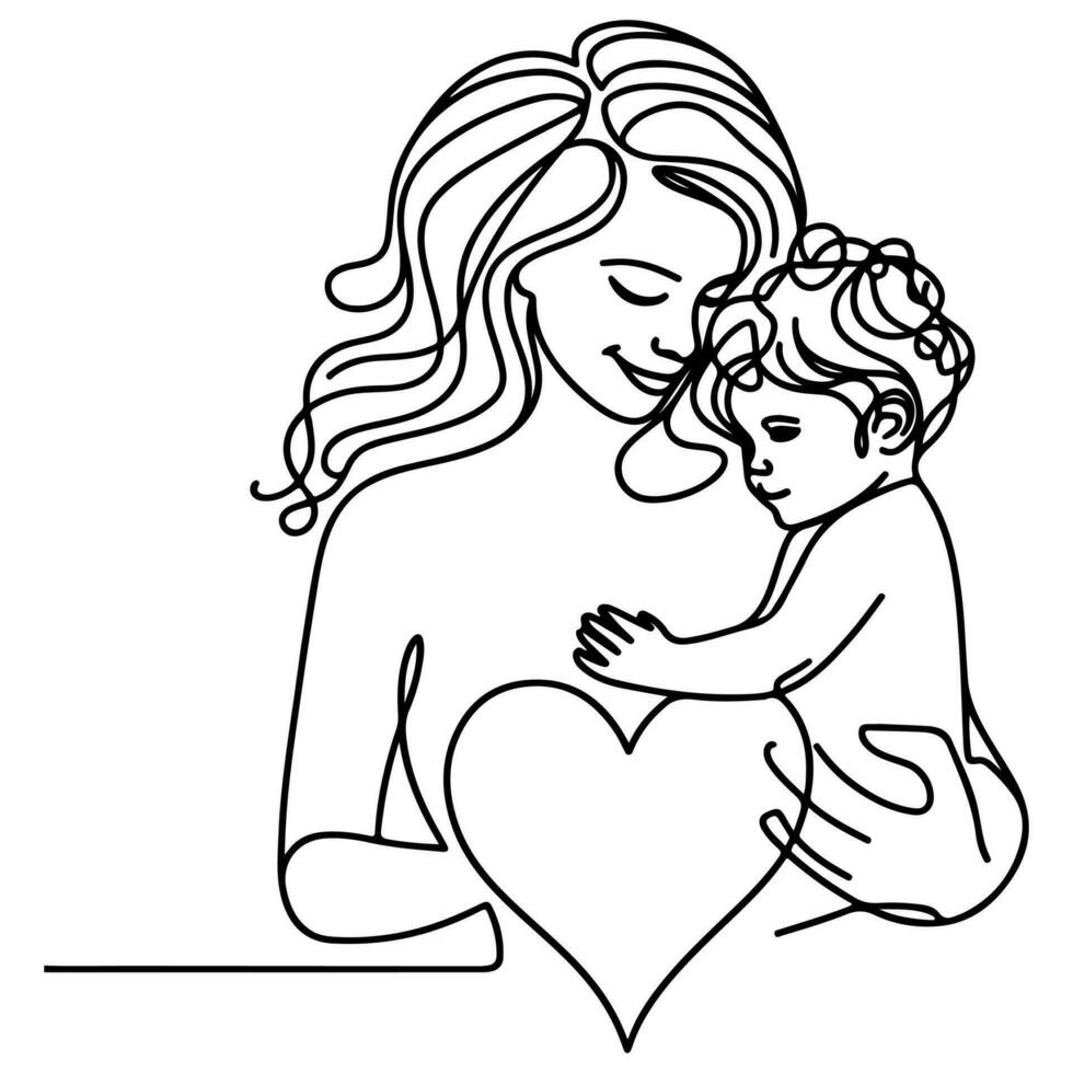 Internationale vrouwen dag kaart, vrouw Holding haar kind in hart met doorlopend een zwart schets lijn tekening gelukkig moeders dag banier tekening stijl vector illustratie