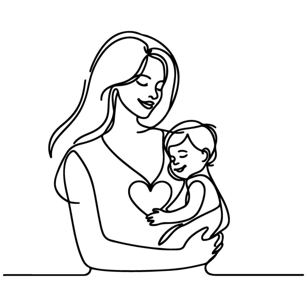 Internationale vrouwen dag kaart, vrouw Holding haar kind in hart met doorlopend een zwart schets lijn tekening gelukkig moeders dag banier tekening stijl vector illustratie