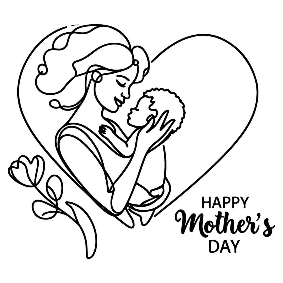 Internationale vrouwen dag kaart, vrouw Holding haar kind in hart met doorlopend een zwart schets lijn tekening gelukkig moeders dag banier tekening stijl vector illustratie