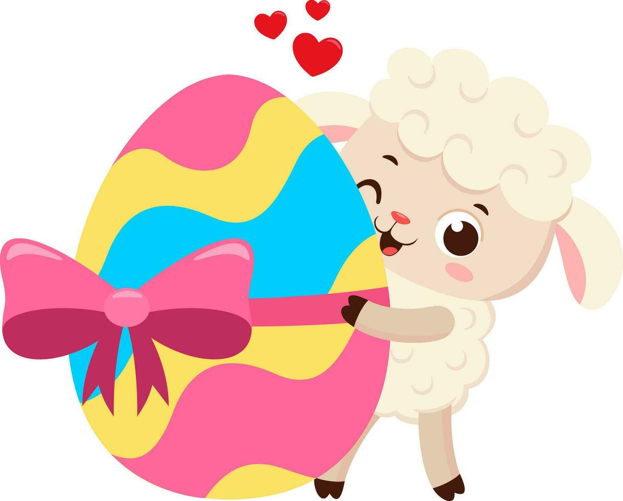 schattig weinig schapen tekenfilm karakter tonen een Pasen ei. vector illustratie vlak ontwerp