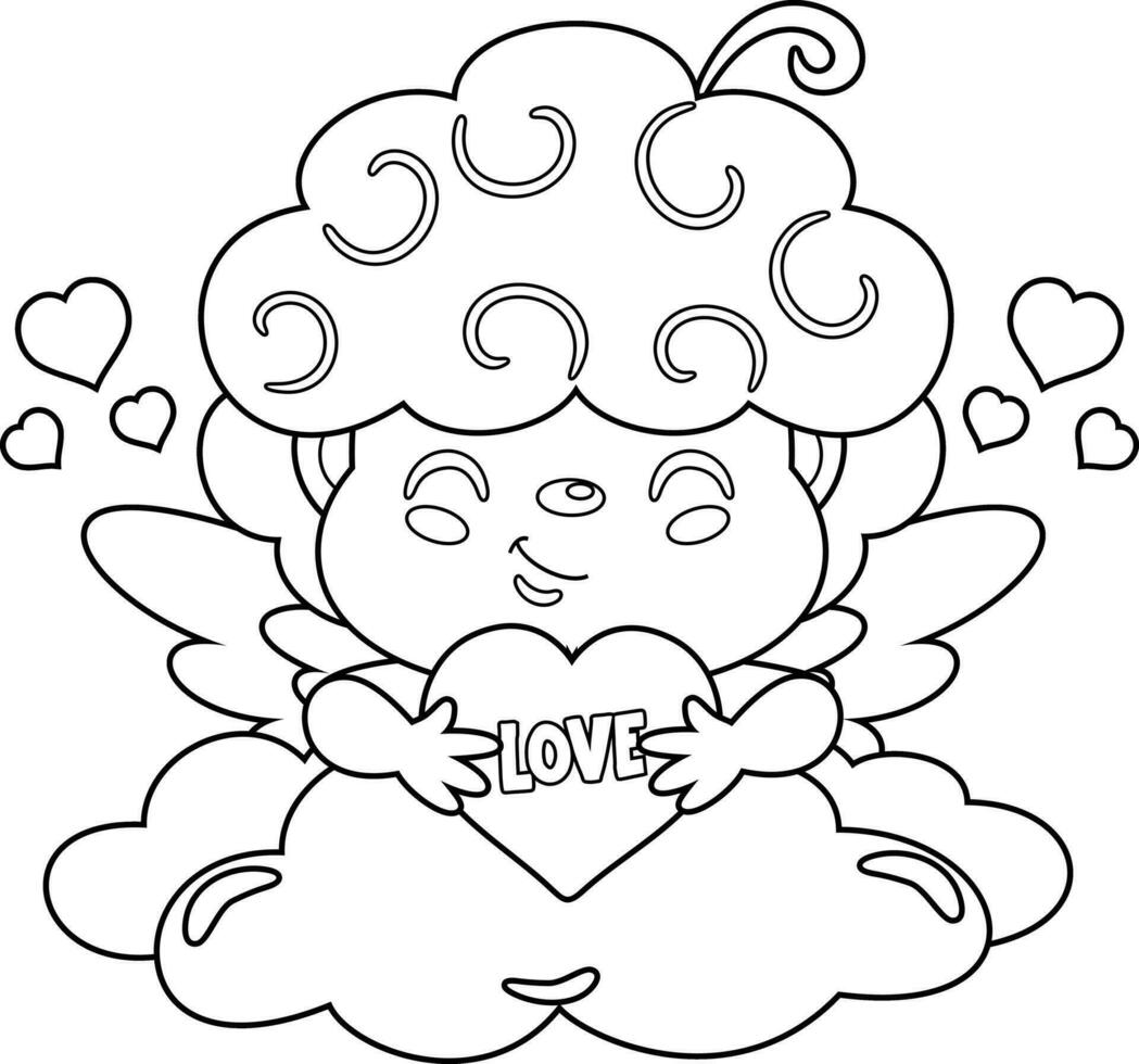 geschetst schattig Cupido engel tekenfilm karakter met liefde hart in de wolk. vector hand- getrokken illustratie