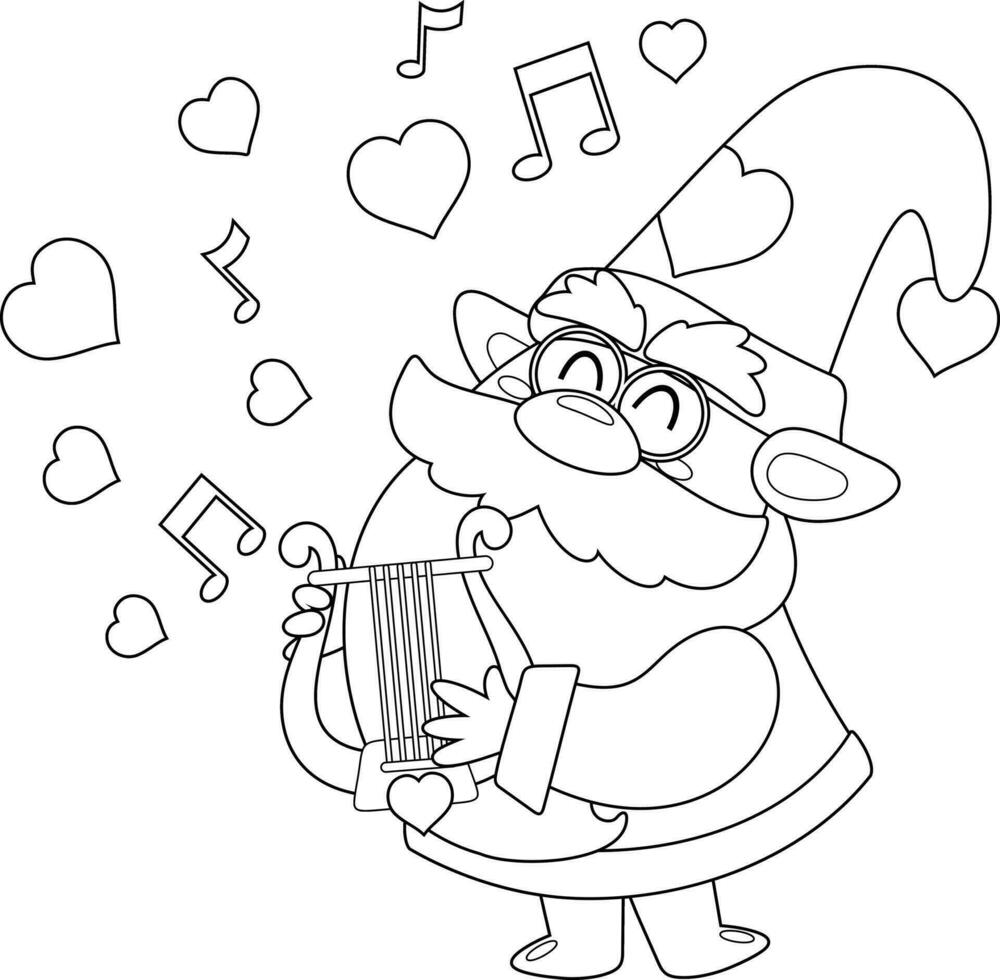 geschetst schattig Valentijn gnoom tekenfilm karakter zingen een liefde lied met harp vector