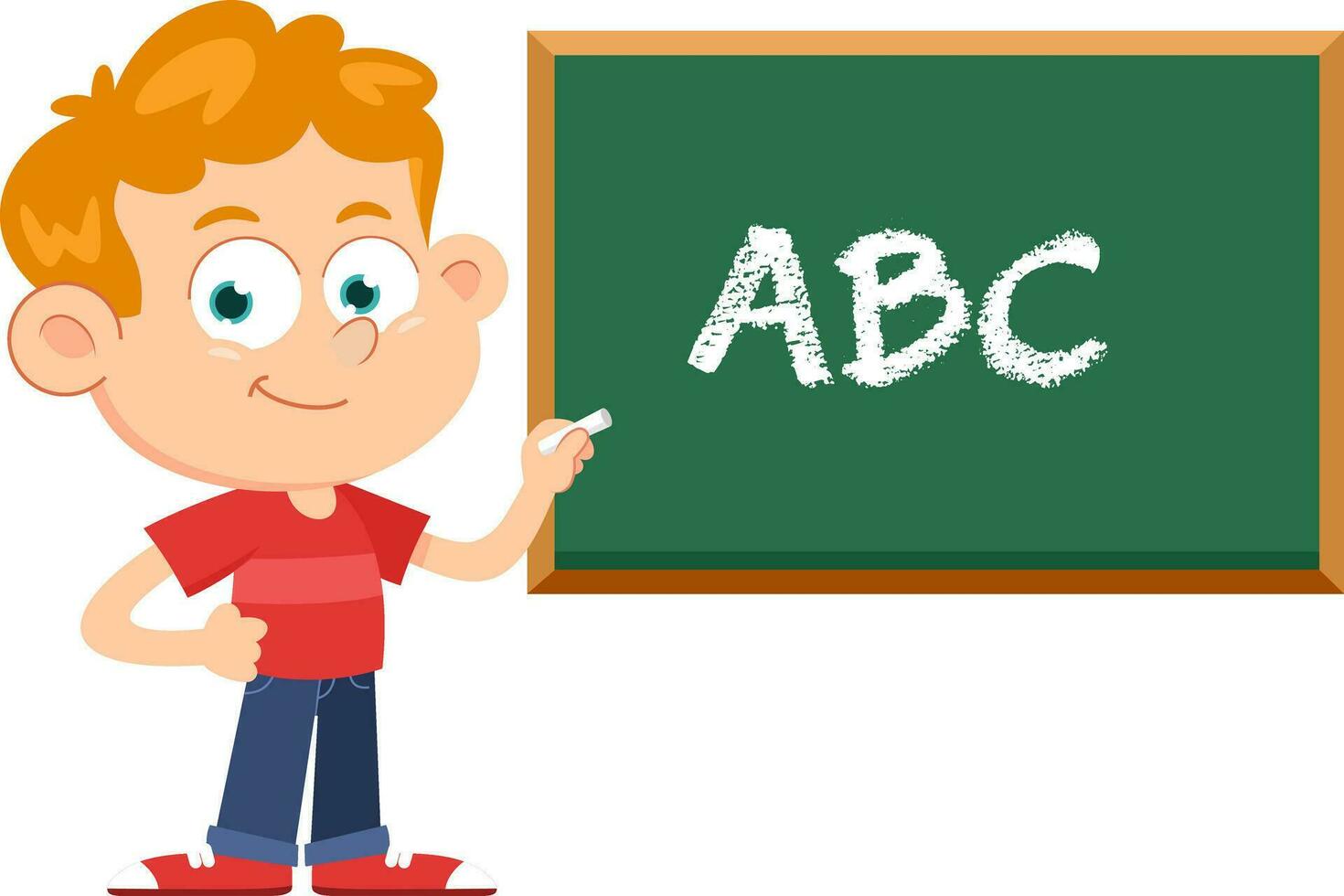 glimlachen school- jongen tekenfilm karakter schrijven Aan schoolbord. vector illustratie vlak ontwerp