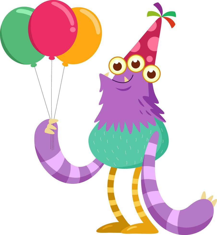 verjaardag monster tekenfilm karakter met een partij hoed Holding een ballonnen. vector illustratie vlak ontwerp