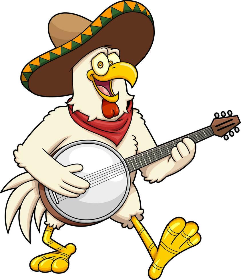 gelukkig kip haan tekenfilm karakter met sombrero spelen de banjo en zingen. vector hand- getrokken illustratie