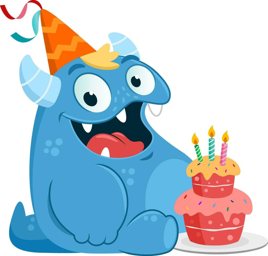 gelukkig verjaardag monster tekenfilm karakter met taart. vector illustratie vlak ontwerp