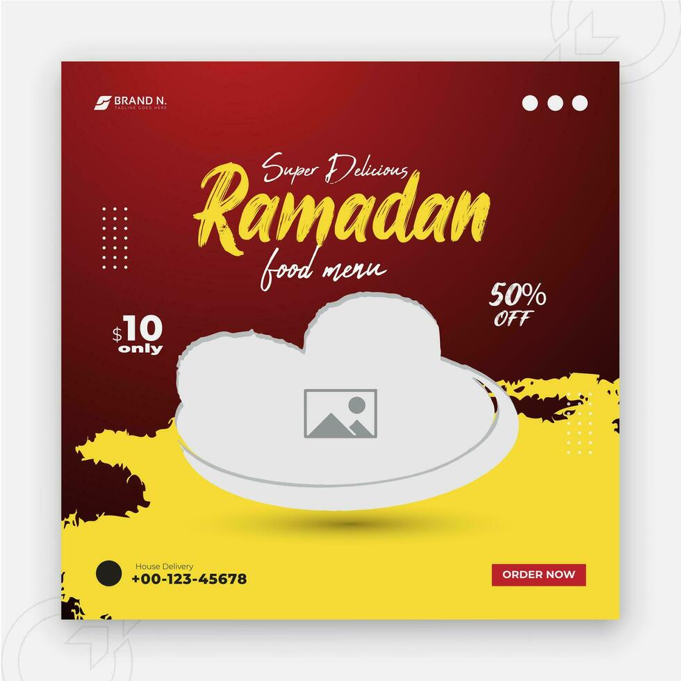speciaal Ramadan kareem iftar datum vallen sociaal media Hoes ontwerp, heerlijk Ramadan voedsel menu post sjabloon, korting bieden, restaurant web banier, abstract geel kleur vorm rood achtergrond vector