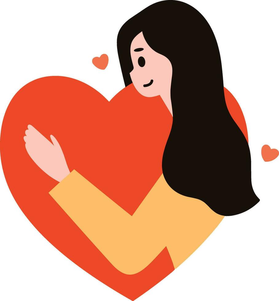 een vrouw knuffelen groot hart in vlak stijl geïsoleerd Aan achtergrond vector