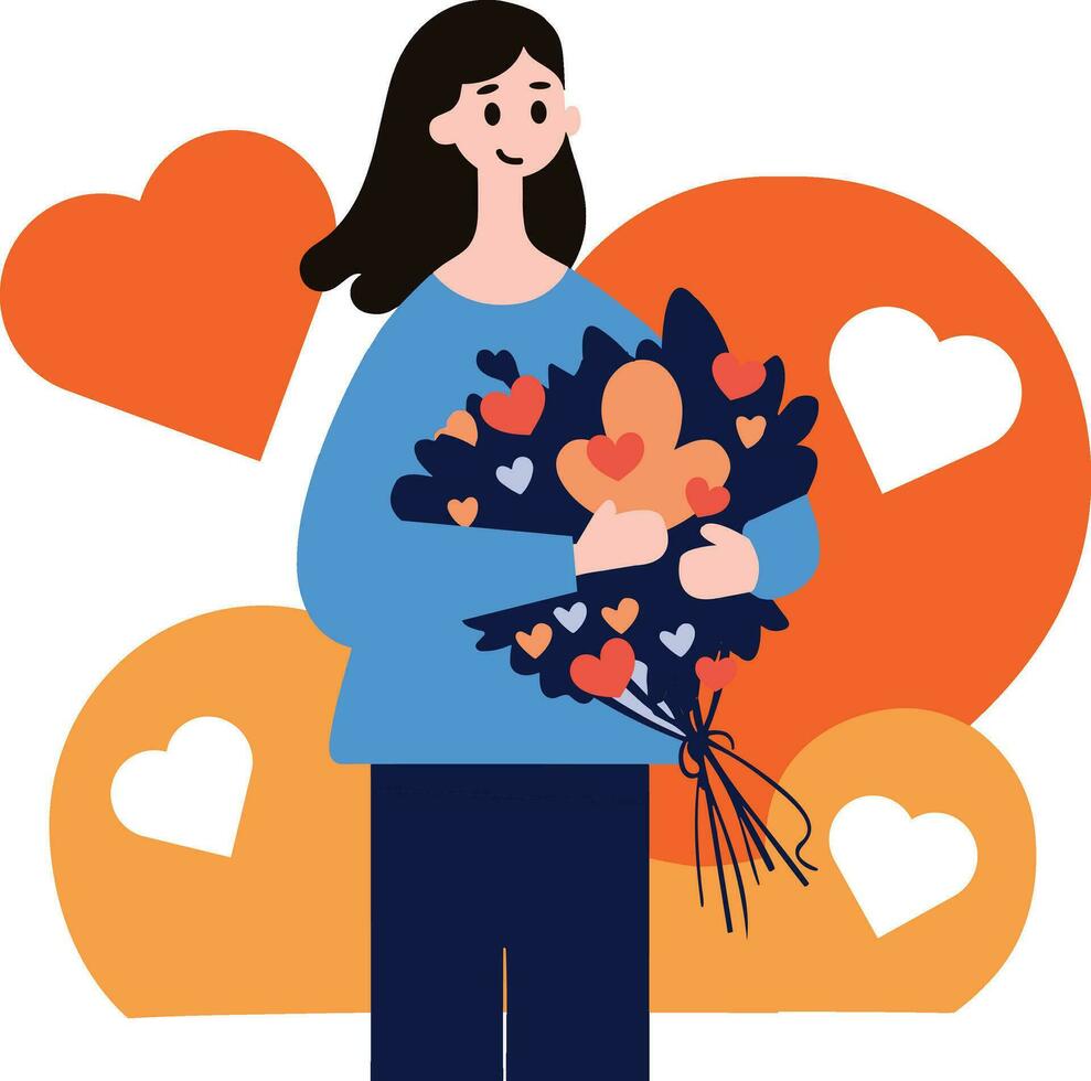 een vrouw Holding boeket van bloemen in vlak stijl geïsoleerd Aan achtergrond vector