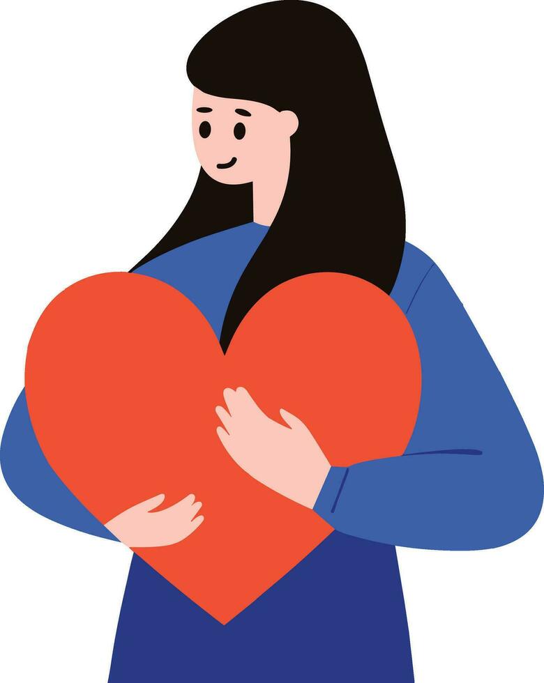 een vrouw knuffelen groot hart in vlak stijl geïsoleerd Aan achtergrond vector