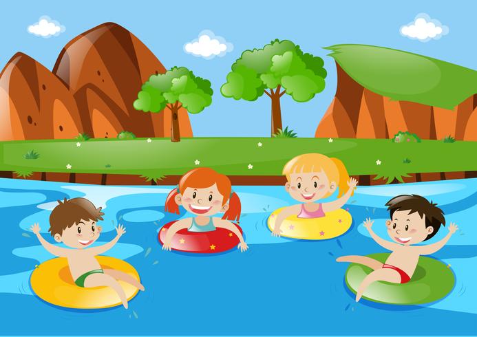 Vier kinderen die in de stroom zwemmen vector
