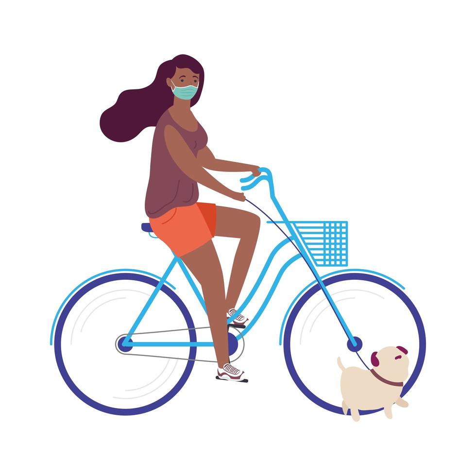 afrovrouw die medisch masker in fiets met hond openluchtactiviteit draagt vector