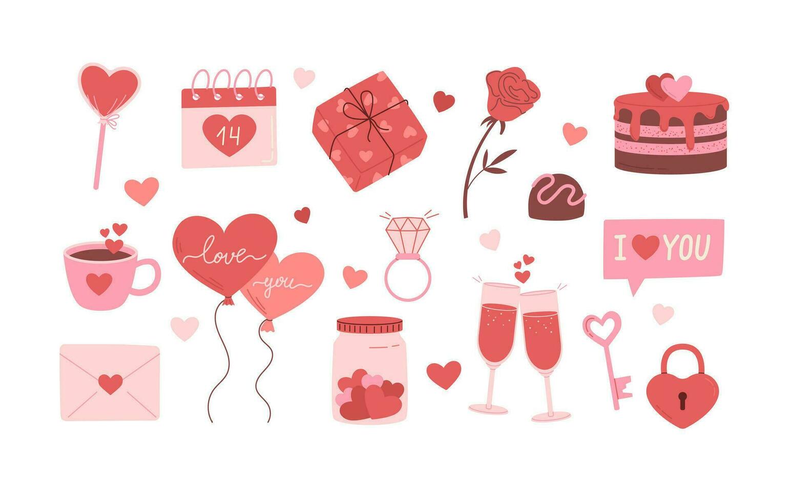 gelukkig Valentijnsdag dag vector illustratie set. romantisch decoratief elementen voor uitnodiging, groet kaart, ansichtkaart. harten, envelop, ballon, snoepgoed, wijn, hangslot en sleutel icoon verzameling