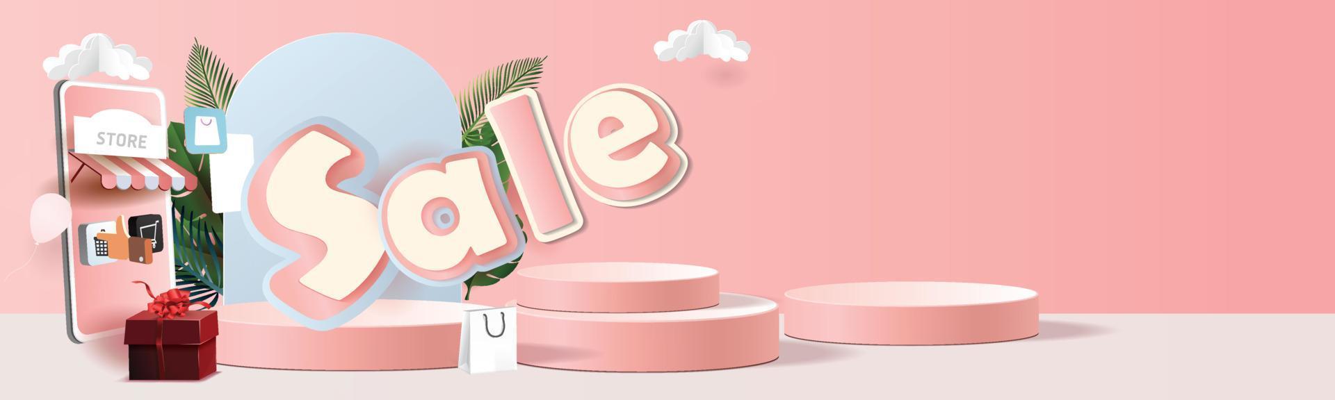 papieren kunst online winkelen op smartphone en nieuwe koop verkoop promotie roze achtergrondgeluid voor banner markt e-commerce vrouwen concept. vector