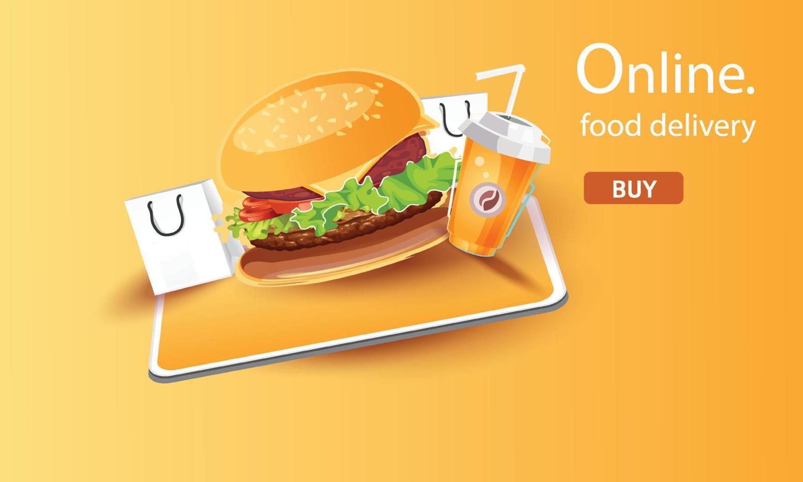 voedselbezorging online op telefoon oranje achtergrond vectorillustratie fastfood ontwerpconcept zakelijke winkel promotie vervoer naar huis vector