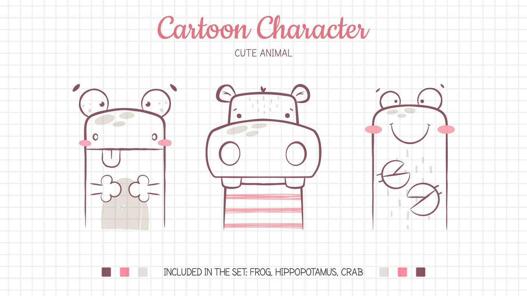 reeks tekenfilm karakters. kikker, nijlpaard en krab. schattig dierlijk. illustratie voor kinderen vector