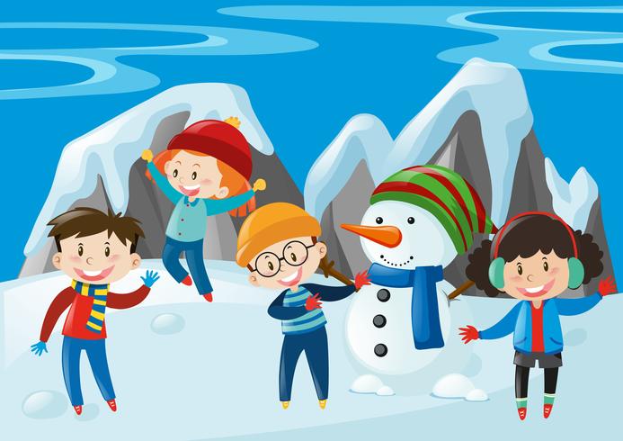 Kinderen en sneeuwpop in het sneeuwveld vector