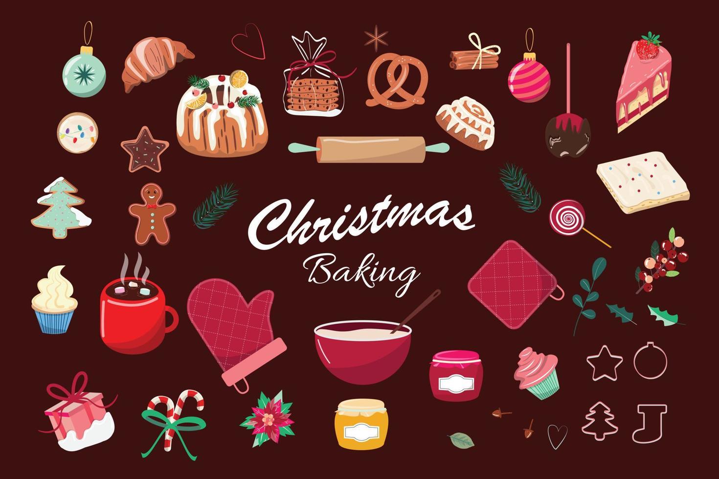 kerst bakken. set van koekjes, gebak, snoep, warme chocolademelk. huisgemaakt gebak. collectie met seizoensgebonden winterdesserts. winter bakken. vectorillustratie. vector