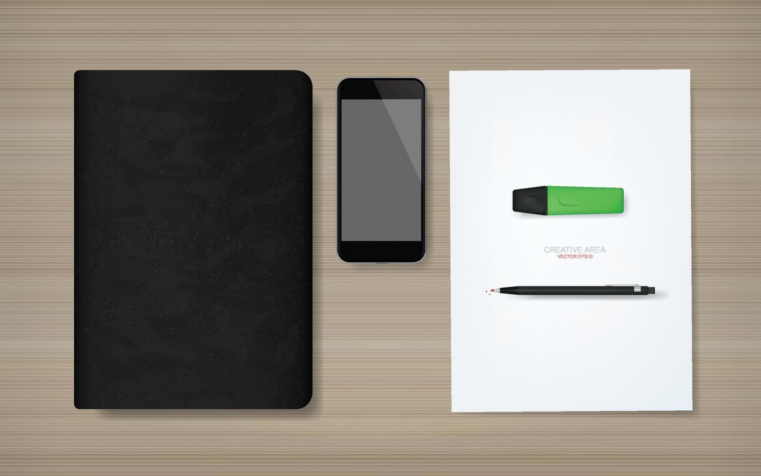 zakelijke achtergrond van Witboek blad, notebook, smartphone, koffiekopje en potlood op hout achtergrond. vectorillustratie. vector