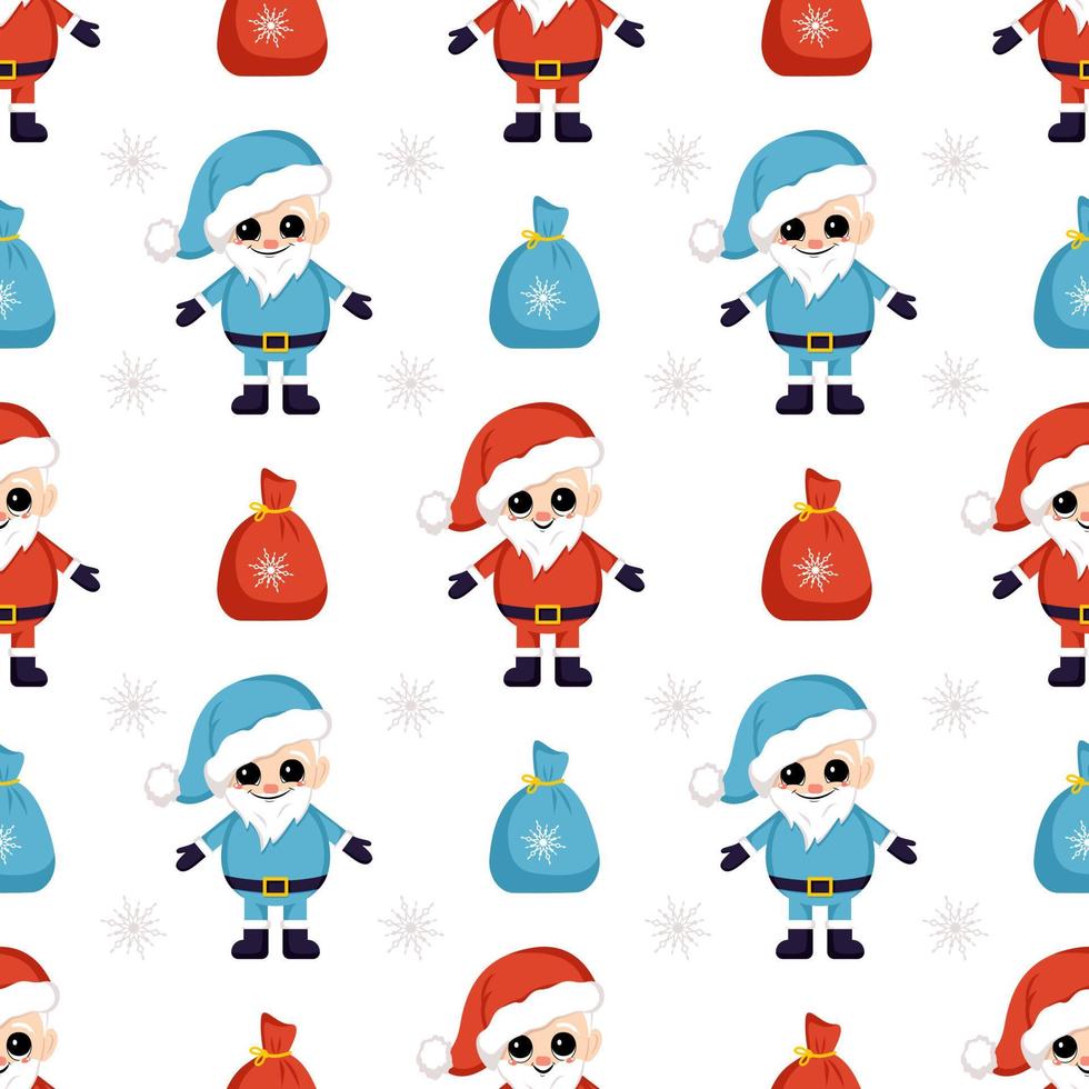 naadloos kerstpatroon met blauwe en rode kerstman, tas met cadeautjes en sneeuwvlokken. heldere print voor nieuwjaar en wintervakantie, inpakpapier, textiel en ontwerpen. vector