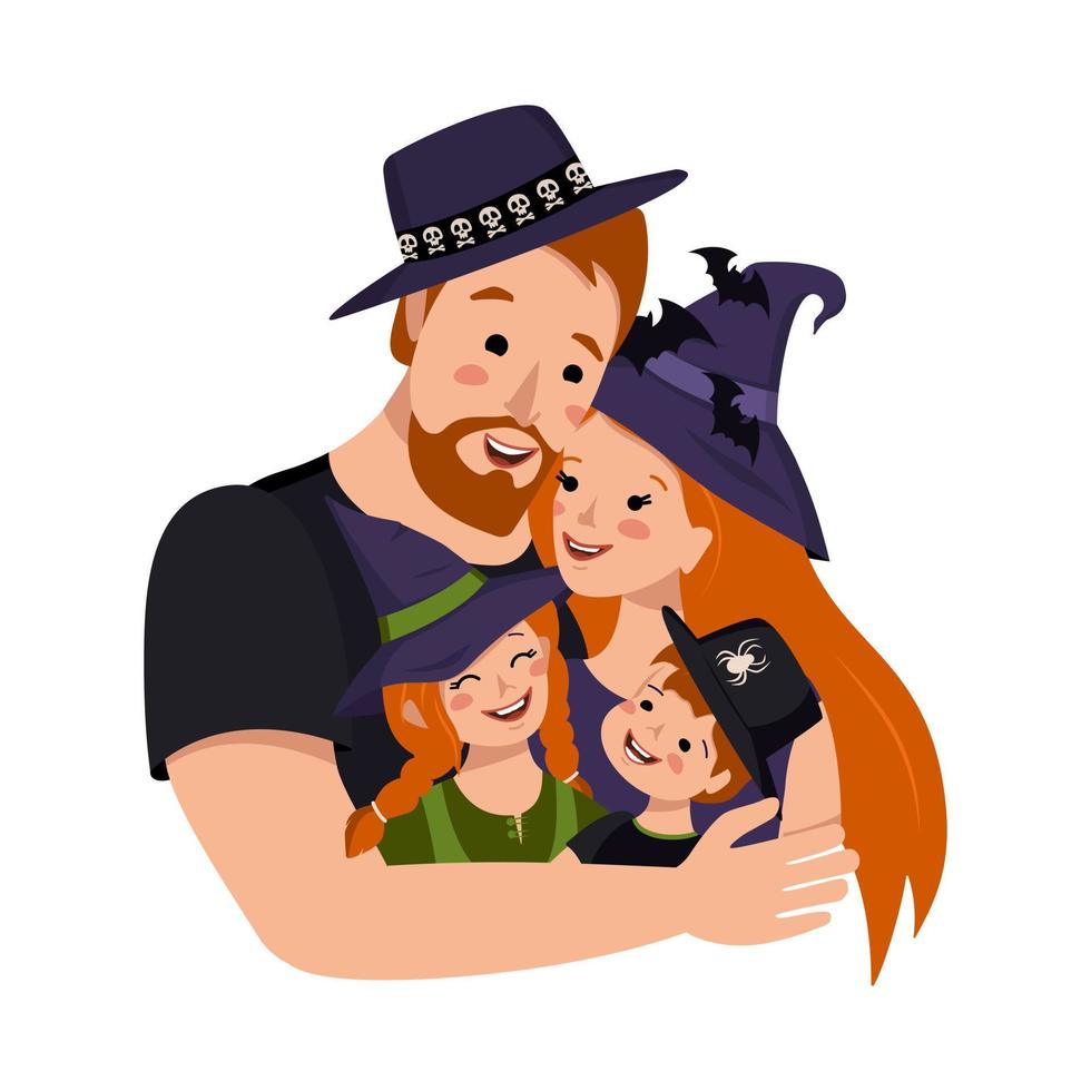 gelukkige familie met rood haar in kostuums voor halloween. vader, moeder, dochter en zoon in heksenhoeden voor het herfstcarnaval. vector