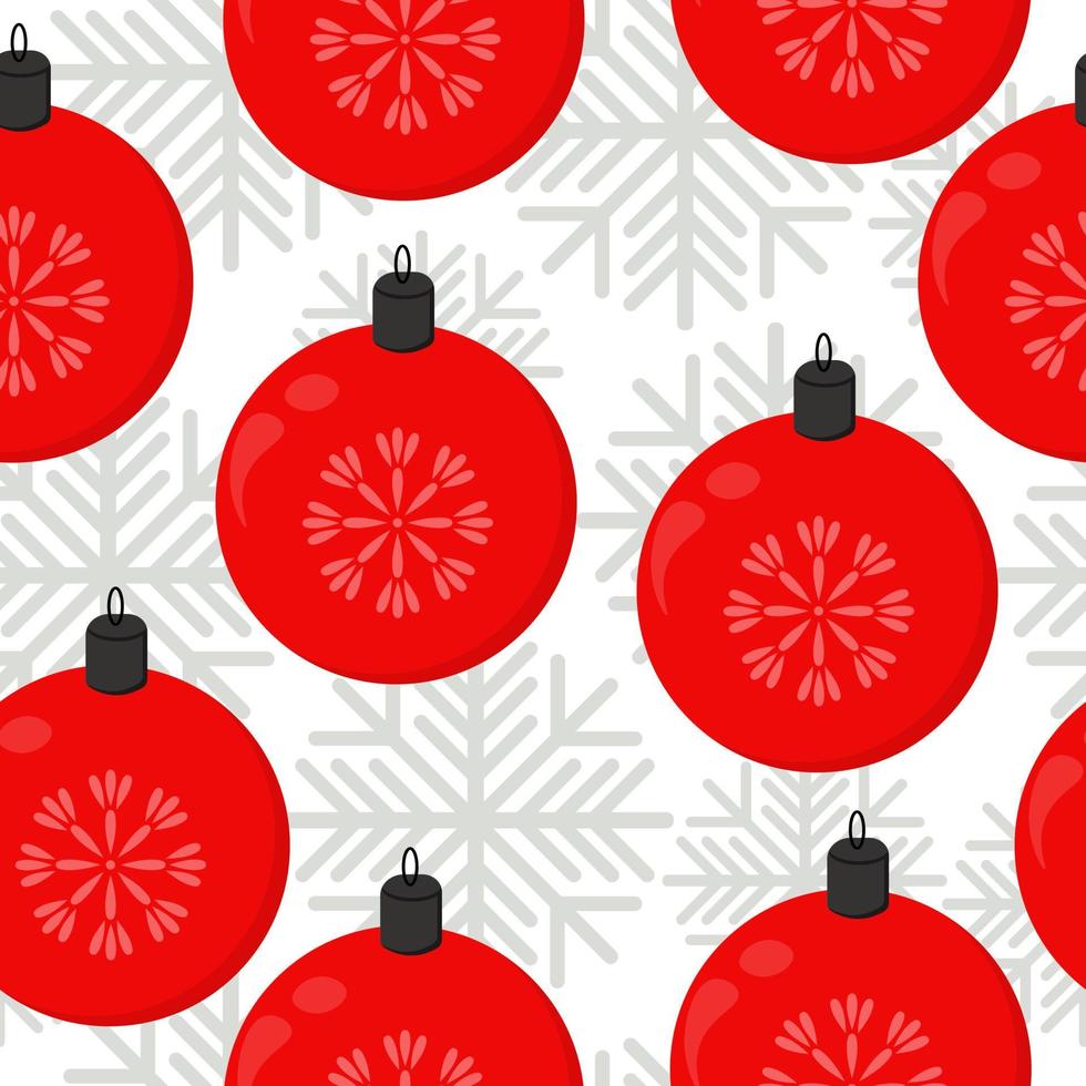 Kerstballen naadloos patroon, felrode kerstversieringen en sneeuwvlokken op wit vector