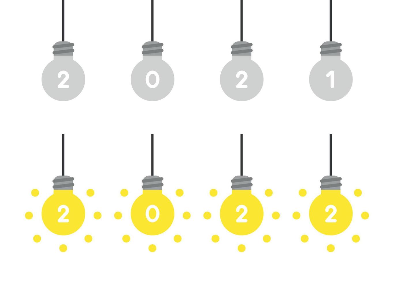 nieuwjaarsvectorconcept, grijze hangende gloeilampen uit 2021 en gloeiende hangende gloeilampen uit 2022 vector