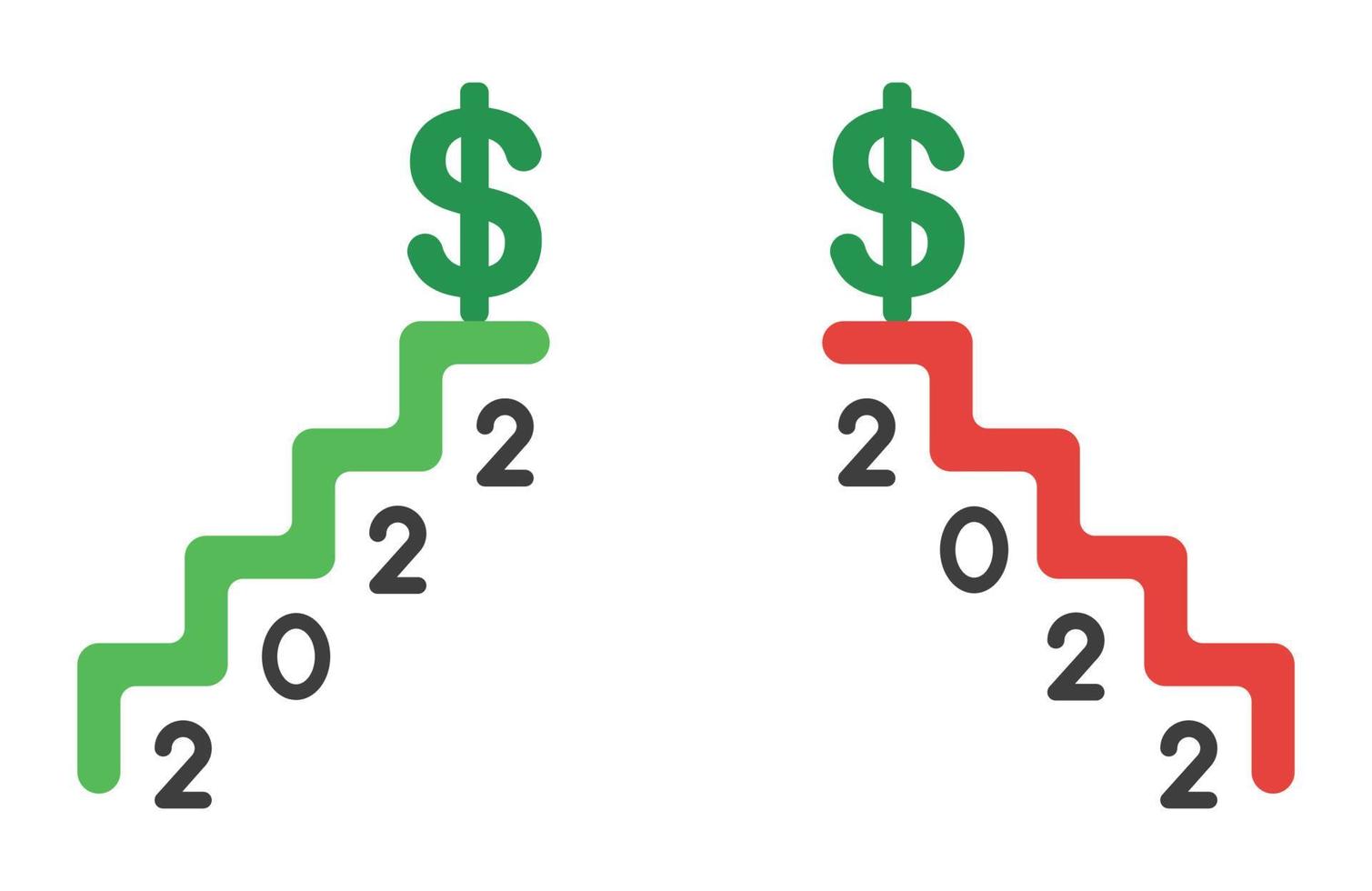 nieuwjaar 2022 vectorconcept, trappen omhoog, omlaag en dollar bovenaan vector