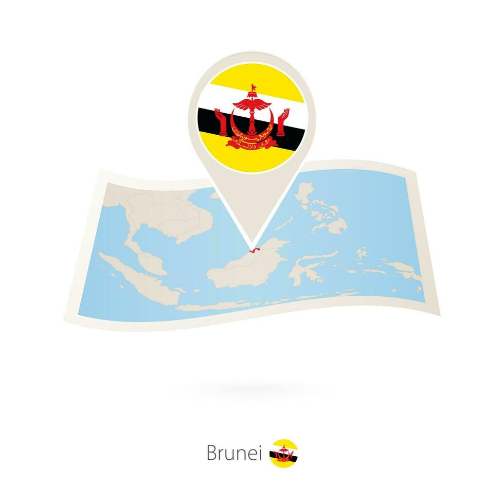 gevouwen papier kaart van Brunei met vlag pin van Brunei. vector