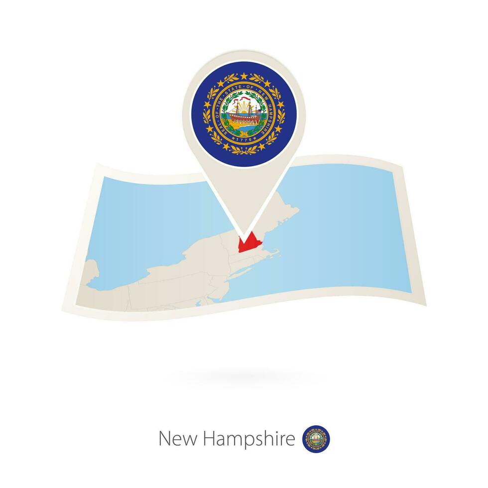 gevouwen papier kaart van nieuw hampshire ons staat met vlag pin van nieuw hampshire. vector
