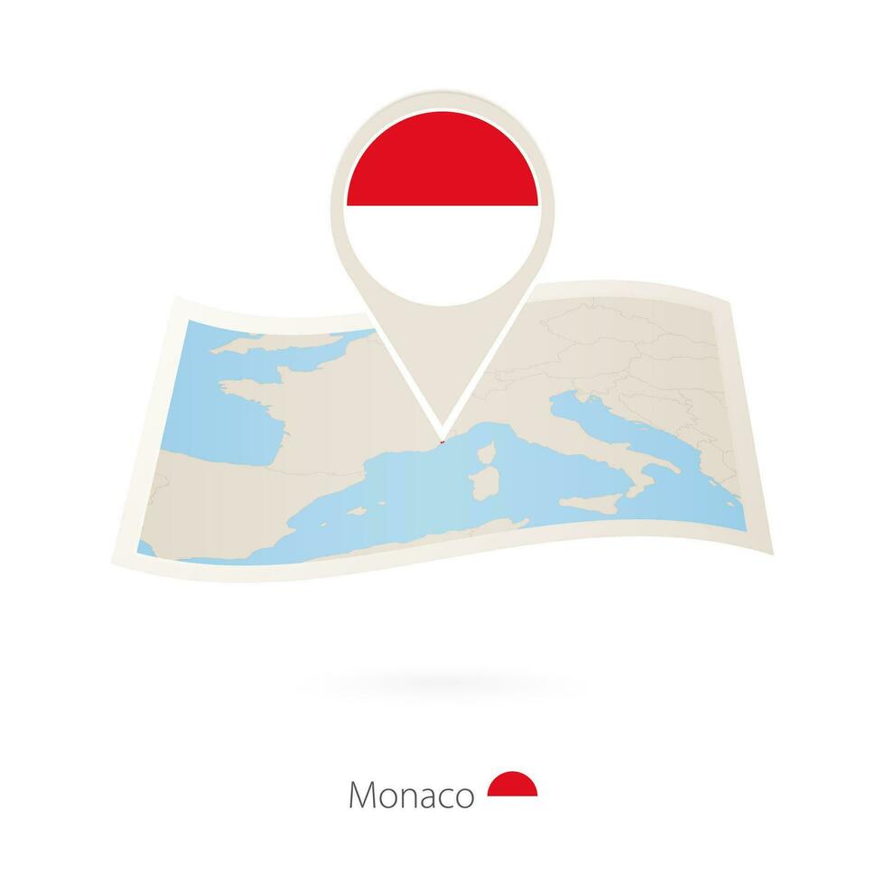 gevouwen papier kaart van Monaco met vlag pin van Monaco. vector