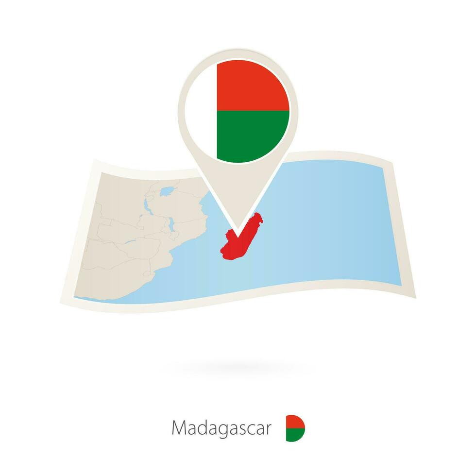 gevouwen papier kaart van Madagascar met vlag pin van Madagascar. vector