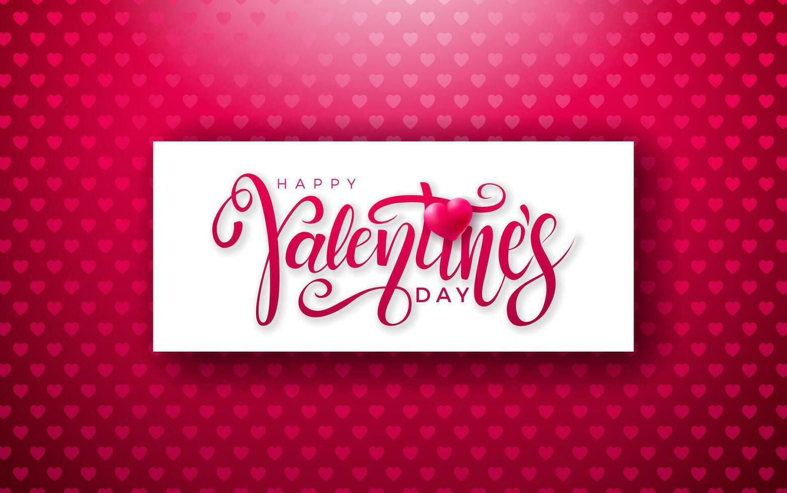 gelukkig valentijnsdag dag ontwerp met hart en typografie brief Aan rood patroon achtergrond. vector bruiloft en romantisch liefde Valentijn thema illustratie voor folder, groet kaart, banier, vakantie poster