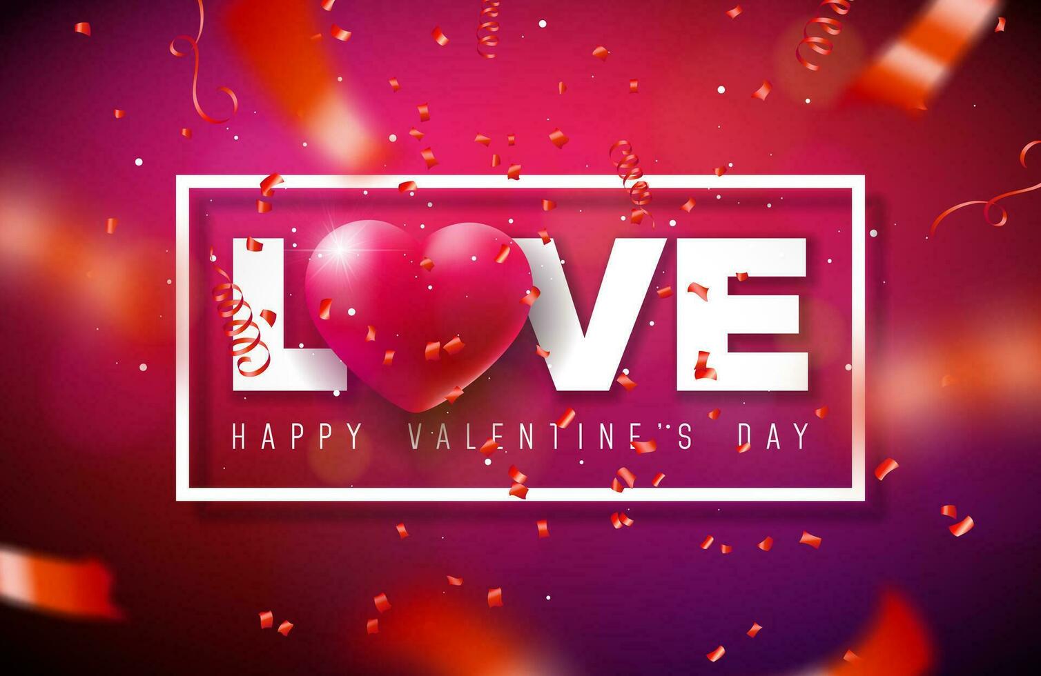 gelukkig valentijnsdag dag ontwerp met hart, vallend confetti en liefde brief Aan glimmend rood achtergrond. vector bruiloft en romantisch Valentijn thema illustratie voor folder, groet kaart, banier, vakantie