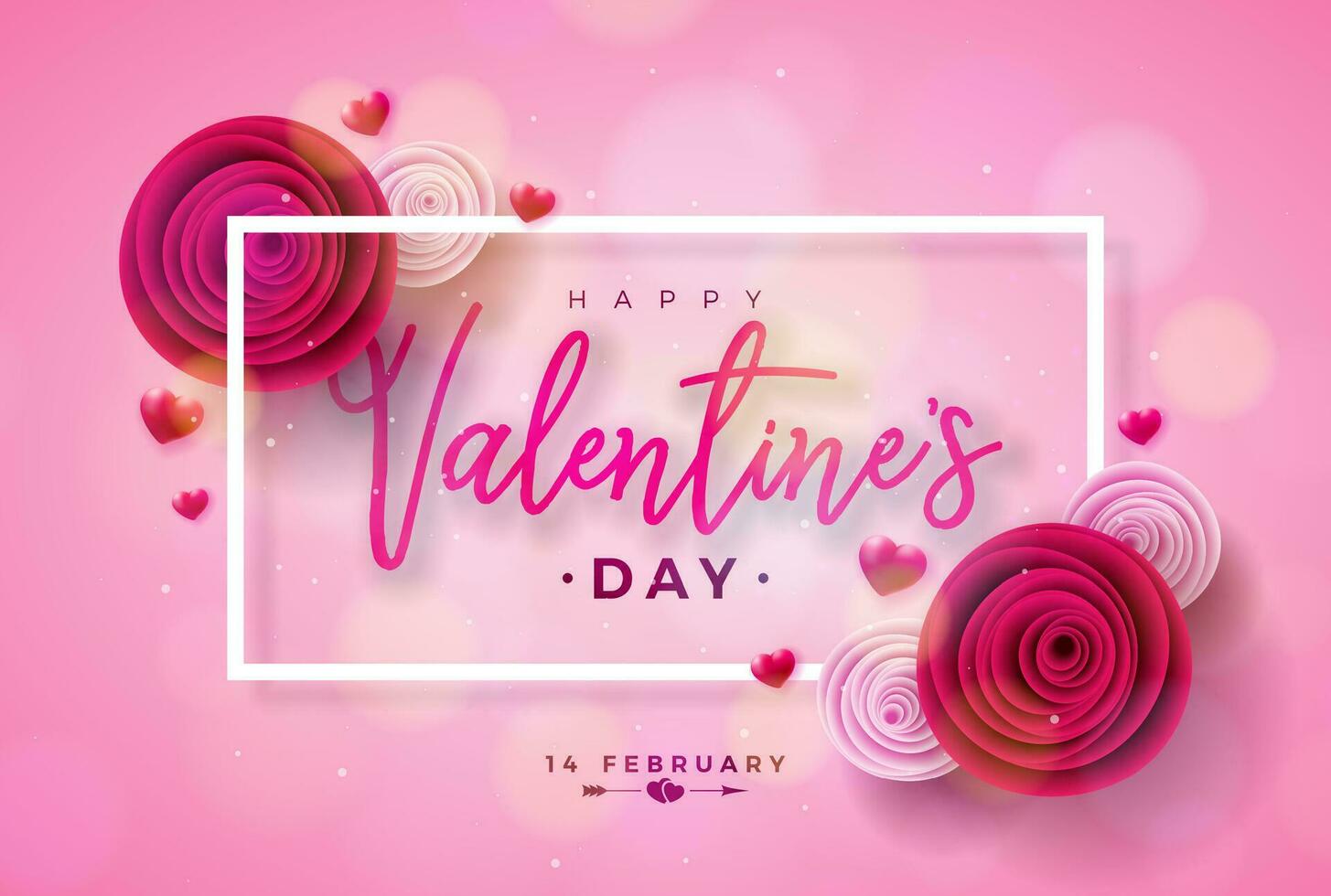 gelukkig valentijnsdag dag ontwerp met roos bloem, rood hart en typografie brief Aan glimmend roze achtergrond. vector liefde, bruiloft en romantisch Valentijn thema illustratie voor folder, groet kaart, banier