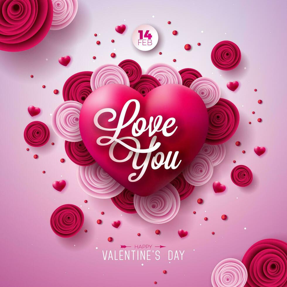 gelukkig valentijnsdag dag ontwerp met liefde u brief, roos bloem en rood hart Aan licht roze achtergrond. vector bruiloft en romantisch Valentijn thema illustratie voor folder, groet kaart, banier, vakantie