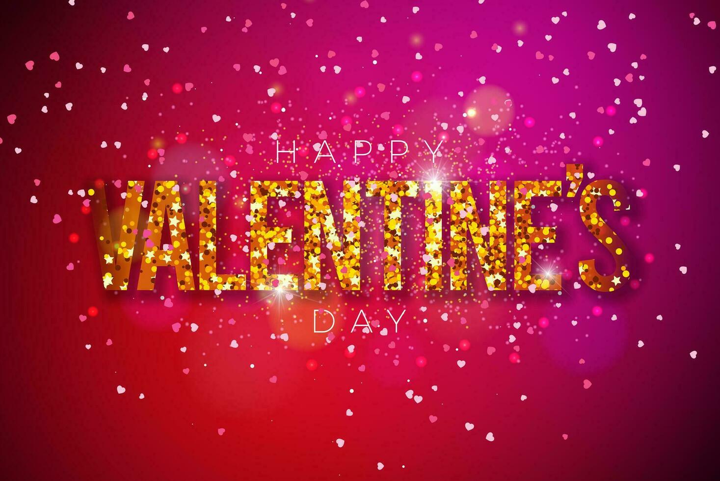 gelukkig valentijnsdag dag ontwerp met goud glinsterde typografie brief en vallend hart vorm confetti Aan rood achtergrond. vector liefde bruiloft en romantisch Valentijn thema illustratie voor folder, groet