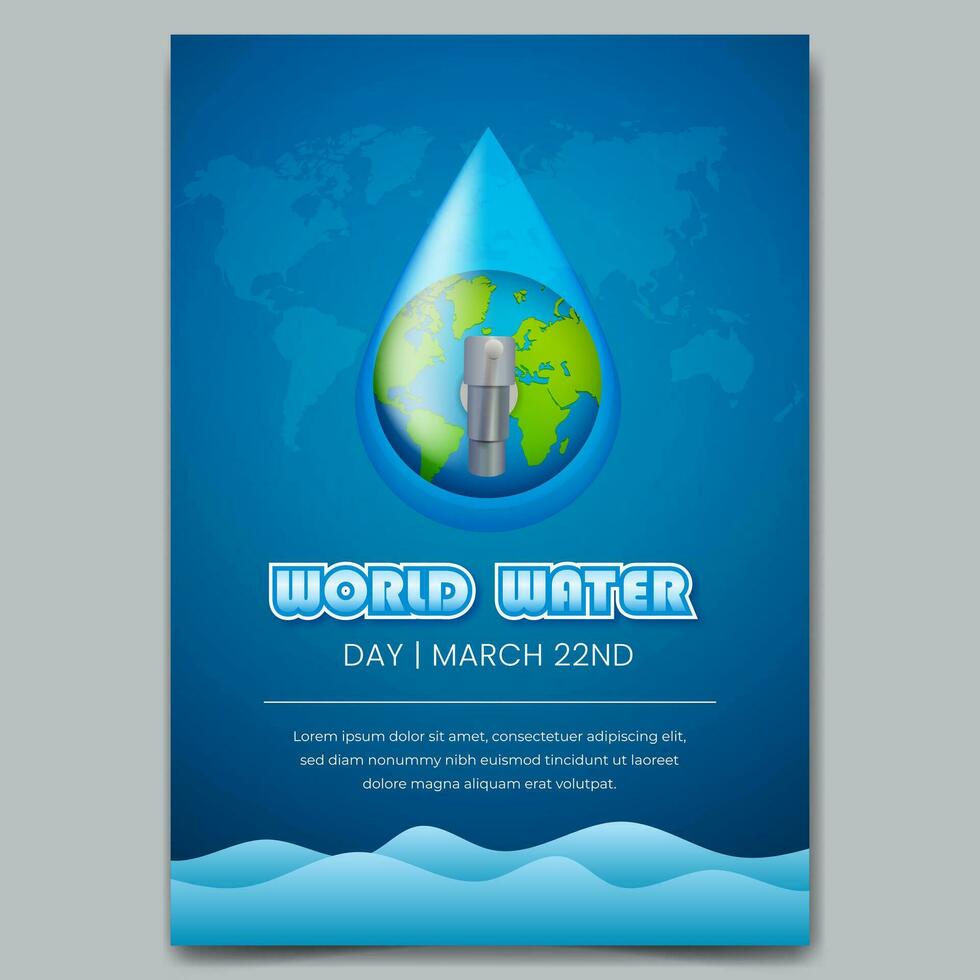 wereld water dag maart 22e poster met aarde water druppels en water kraan illustratie vector