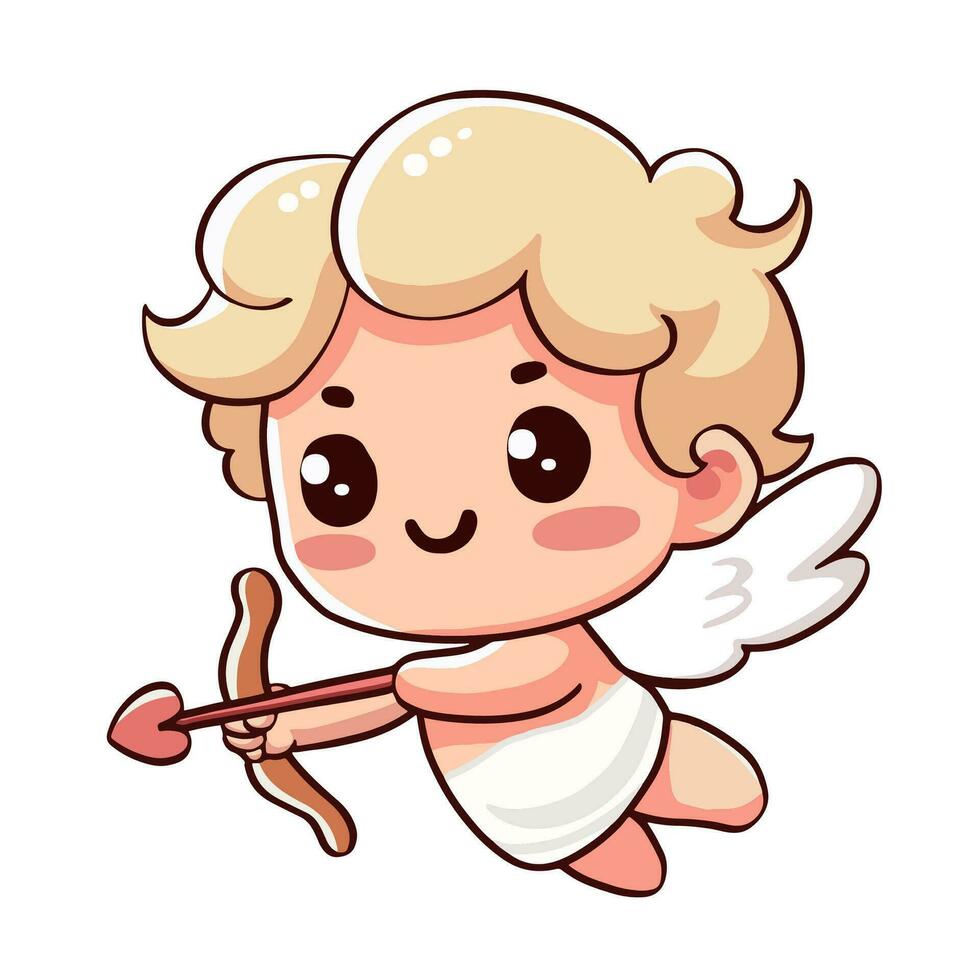 gelukkig schattig weinig engel Holding een boog en een liefde brief, baby Cupido, god eros. Valentijnsdag dag tekenfilm vector