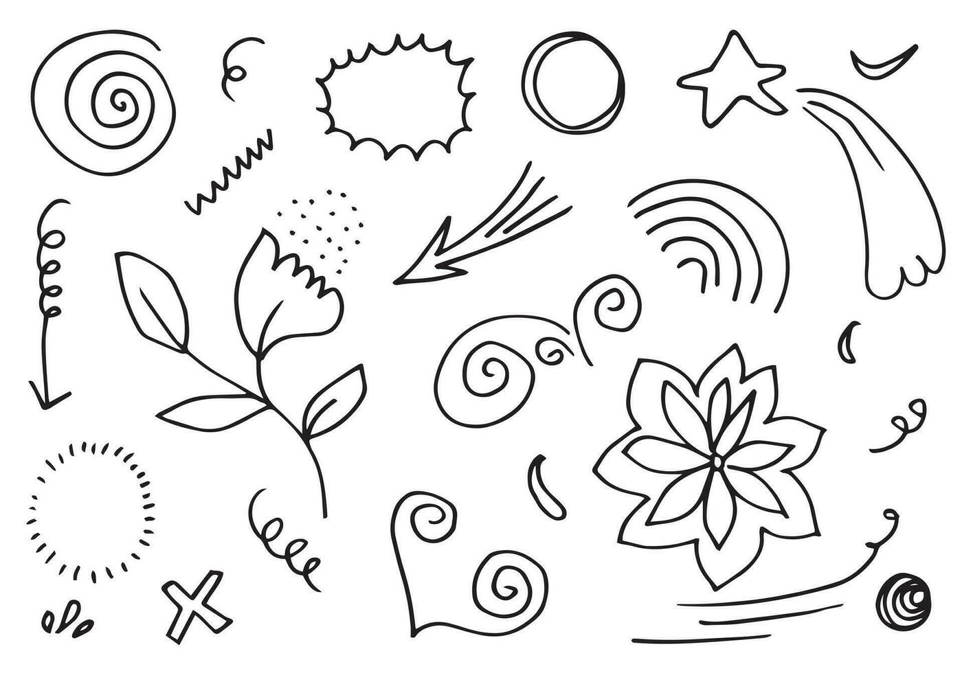 bladeren, harten, abstract, linten, pijlen en andere elementen in de hand getekende stijlen voor conceptontwerpen. doodle illustratie. vectorsjabloon voor decoratie vector