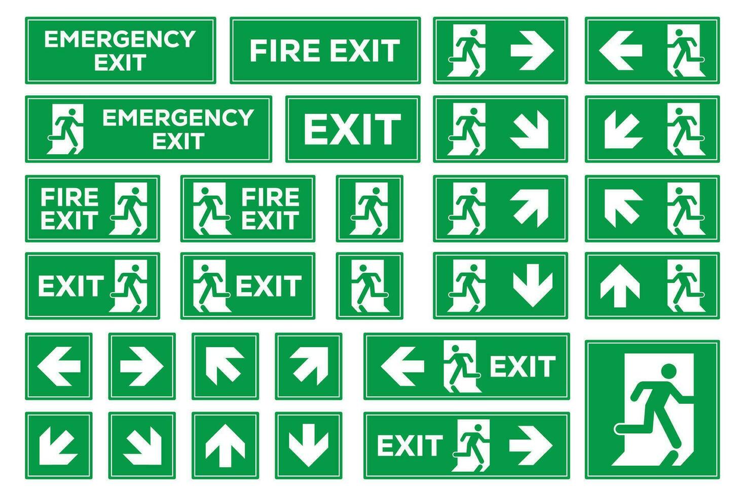 Uitgang teken set. noodgeval en brand Uitgang pictogrammen. Mens rennen uit pijl, groen achtergrond. vector