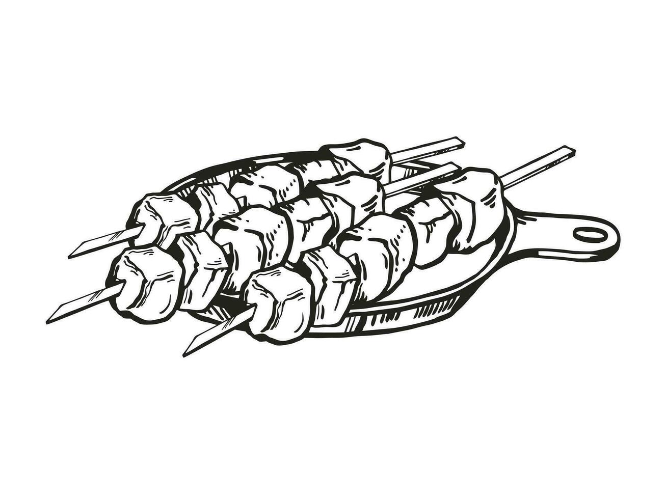 vector hand- getrokken gegrild kebab, inkt voedsel illustratie met drie spiesjes met vlees barbecue kebab, zwart en wit schetsen van barbecue thema geïsoleerd Aan wit achtergrond
